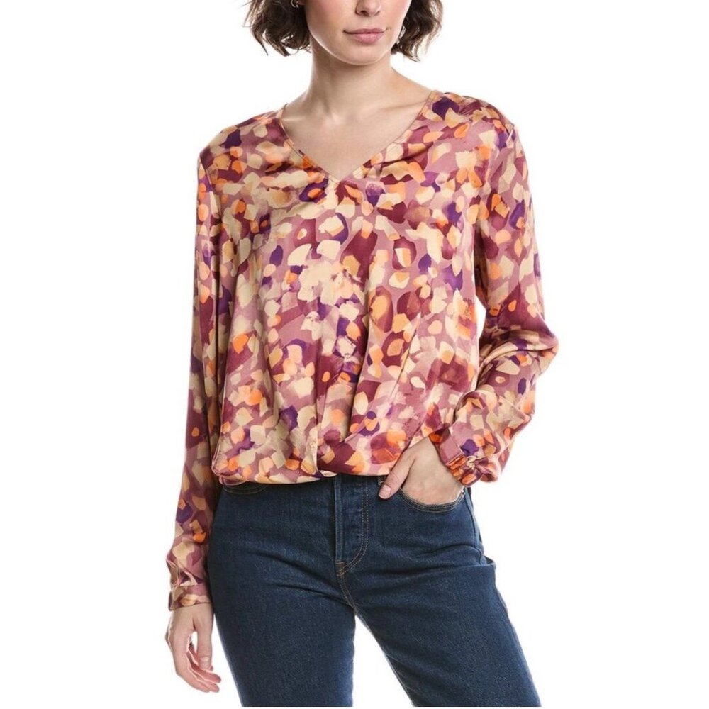 Cabi Long Sleeve Tuck‎ Top Small Orange Purple Party Career Casual Boho